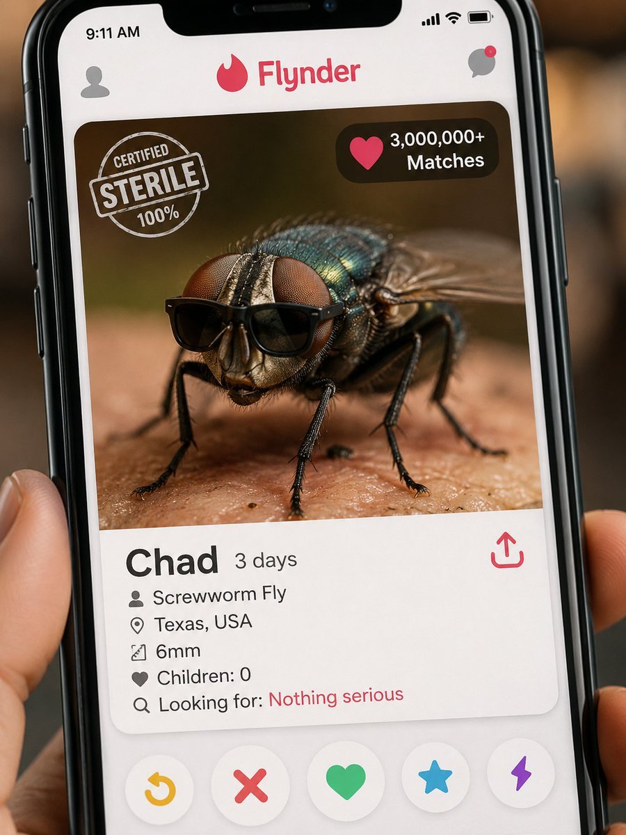 Flynder dating app profile: Chad the screwworm fly, certified sterile